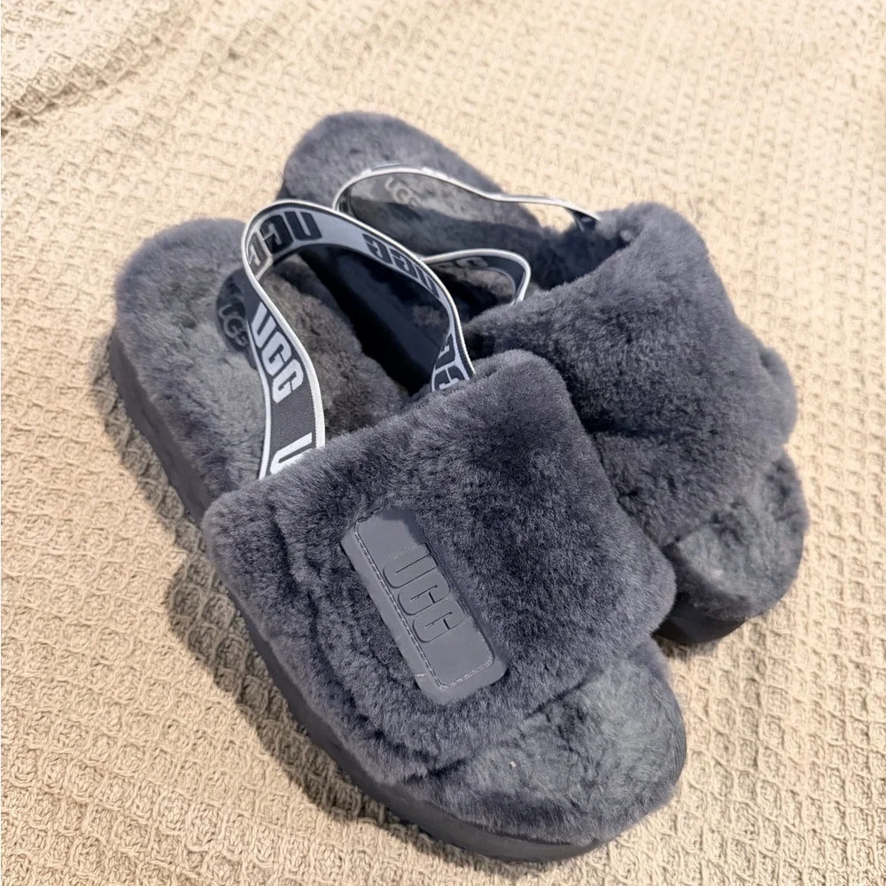 UGG FLUFF YEAH DISCO SLIDE DARK GREY GRAY SANDAL US 11